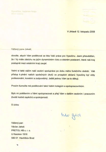 Acknowledgment from the President of the Region Vysočina Miloš Vystrčil